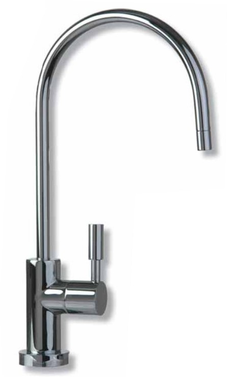 Chrome kitchen faucet with curved spout.