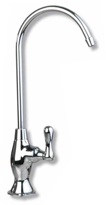 Chrome kitchen faucet with curved spout.